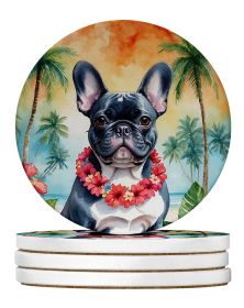 French Bulldog Luau Large Sandstone Coasters Pack of 4 Absorbent Round Coasters Decor Gifts for Men or Women, 4 in, Multicolor