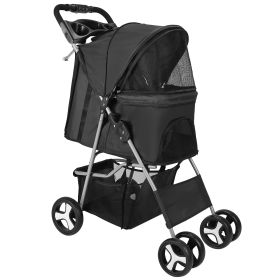4 Wheels Pet Stroller Foldable Carrier Strolling Cart Travel Jogger Pet Stroller with Removable Liner Storage Basket for Dog Cat (Option: 4WheelStrollerBlack)